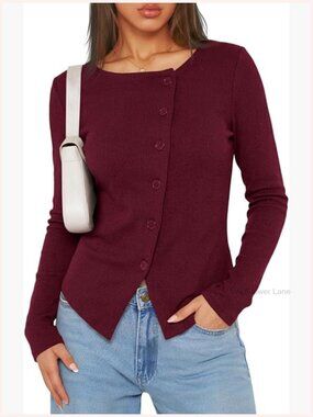 Long Sleeve Fitted Asymmetrical Button Down Ribbed Crop Top